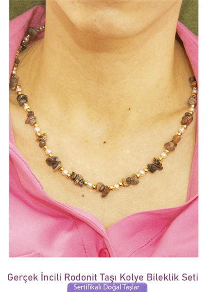 Sertifikalı Incili Rodonit Taşlı Doğal Taş Kolye Bileklik Seti fiyatları