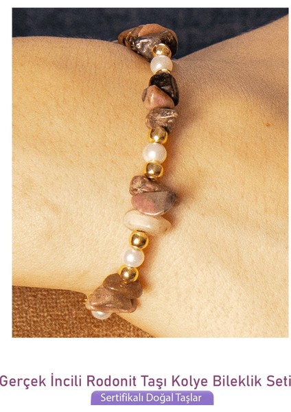 Sertifikalı Incili Rodonit Taşlı Doğal Taş Kolye Bileklik Seti modelleri