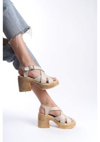 Kadın Diego Krem Ortopedik Iç Taban( 8 cm ) Platform Topuk Sandalet
