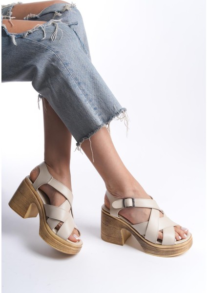Kadın Diego Krem Ortopedik Iç Taban( 8 cm ) Platform Topuk Sandalet