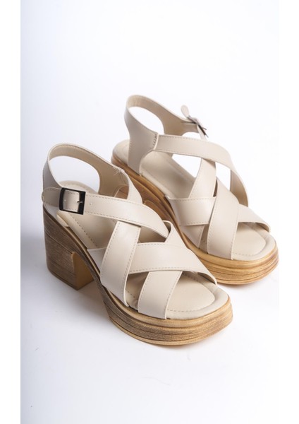 Kadın Diego Krem Ortopedik Iç Taban( 8 cm ) Platform Topuk Sandalet