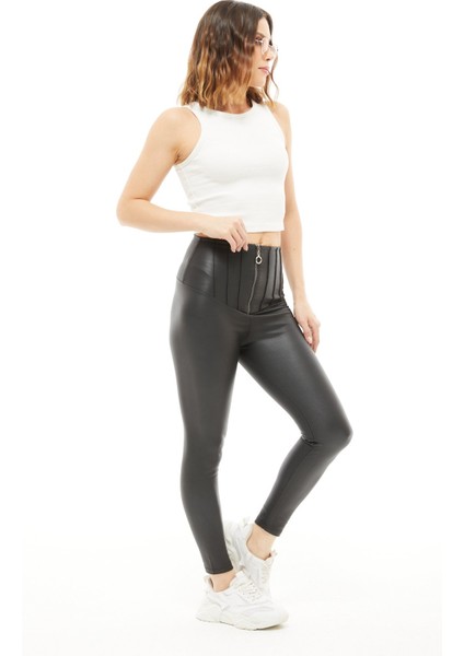 Şardonlu (Iç Kısmı) Yüksek Bel Fermuar Detaylı Deri Tayt modelleri