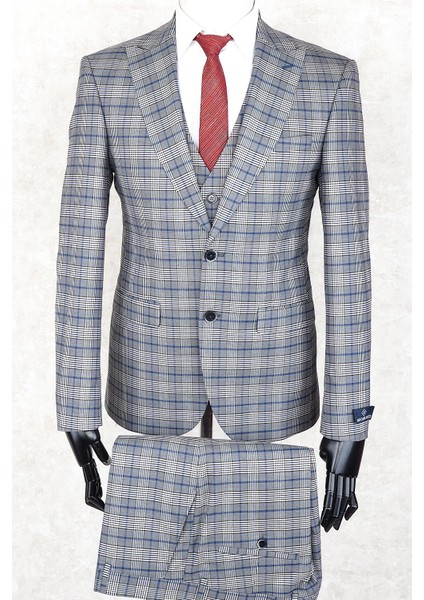 Slim Fit Sivri Yaka-Çift Yırtmaç Gri Kareli Yelekli Drop 6 Takım Elbise