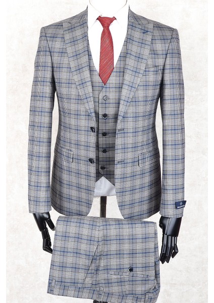 Slim Fit Sivri Yaka-Çift Yırtmaç Gri Kareli Yelekli Drop 6 Takım Elbise