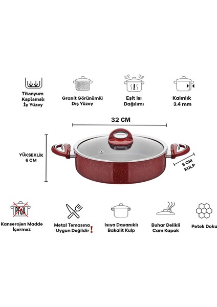 Titan Granit Basık Tencere 32 cm Kırmızı