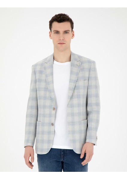 Erkek Açık Mavi Slim Fit Keten Karışımlı Ekose Ceket 50284961-VR003