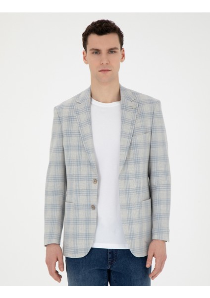 Erkek Açık Mavi Slim Fit Keten Karışımlı Ekose Ceket 50284961-VR003