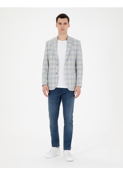 Erkek Açık Mavi Slim Fit Keten Karışımlı Ekose Ceket 50284961-VR003