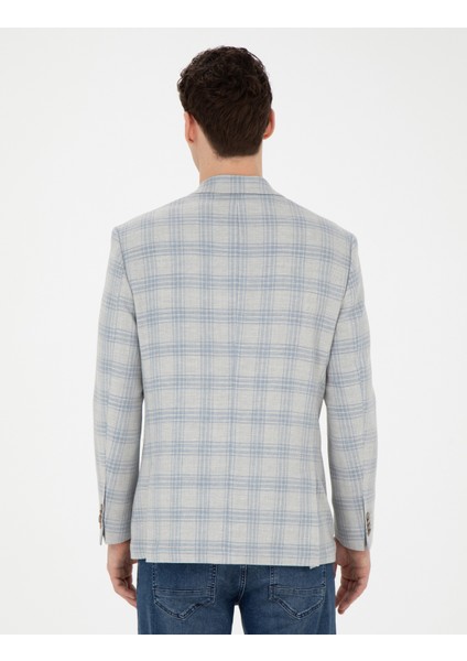 Erkek Açık Mavi Slim Fit Keten Karışımlı Ekose Ceket 50284961-VR003
