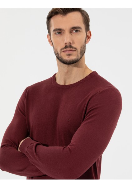 Erkek Bordo Slim Fit Bisiklet Yaka Basic Triko Kazak 50258993-VR014