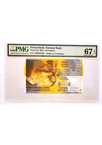 Isviçre Switzerland 10 Francs 2013 Pmg Sertifikalı 67 Epq - Çil Banknot Serifikali