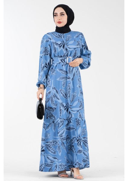 Desenli Kemerli Viscon Elbise-Indigo