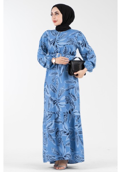 Desenli Kemerli Viscon Elbise-Indigo