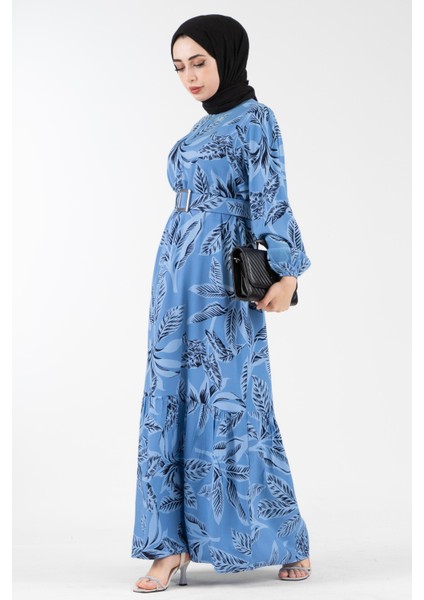 Desenli Kemerli Viscon Elbise-Indigo
