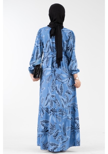 Desenli Kemerli Viscon Elbise-Indigo