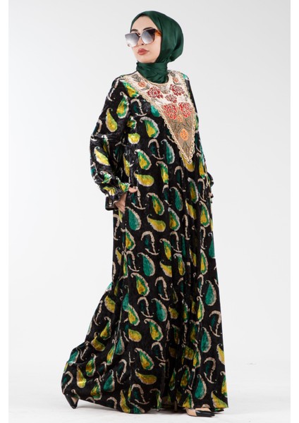 Yakası Işlemeli Şal Desen Kadife Elbise-Zümrüt Yeşili