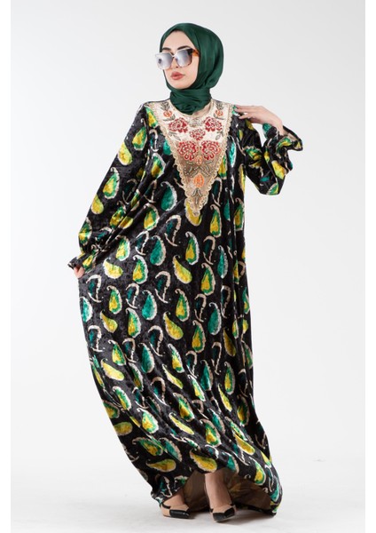 Yakası Işlemeli Şal Desen Kadife Elbise-Zümrüt Yeşili fiyatları