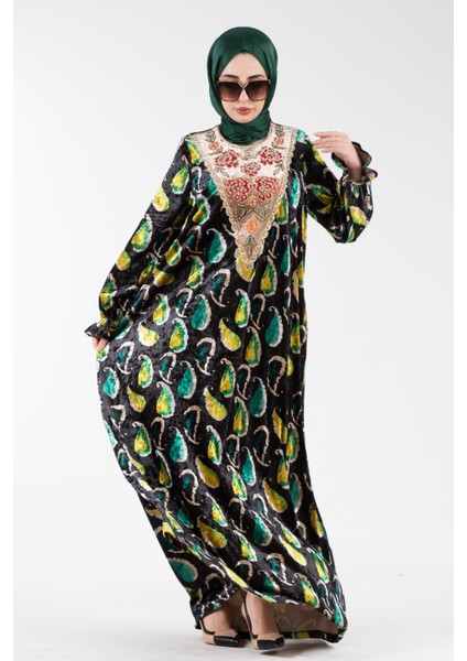 Yakası Işlemeli Şal Desen Kadife Elbise-Zümrüt Yeşili modelleri