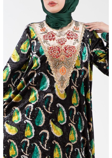 Yakası Işlemeli Şal Desen Kadife Elbise-Zümrüt Yeşili fırsatları