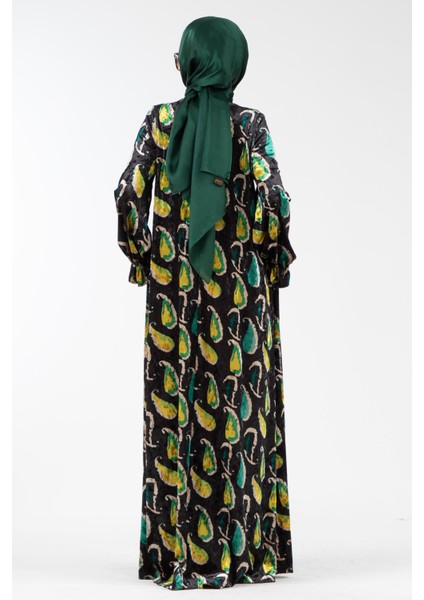 Yakası Işlemeli Şal Desen Kadife Elbise-Zümrüt Yeşili indirimleri