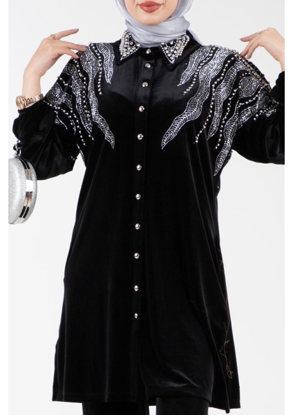 Yakası ve Omuzu Işlemeli Kadife Takım-Siyah fırsatları
