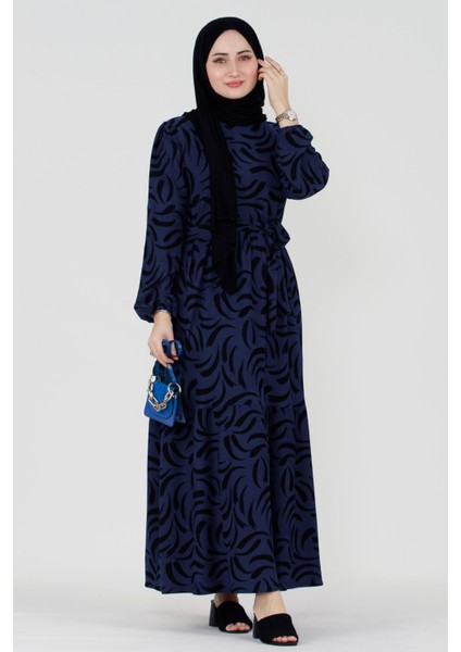 Lale Beli Kuşaklı Tesettür Elbise-Saks Mavi