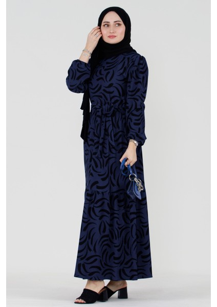Lale Beli Kuşaklı Tesettür Elbise-Saks Mavi fiyatları