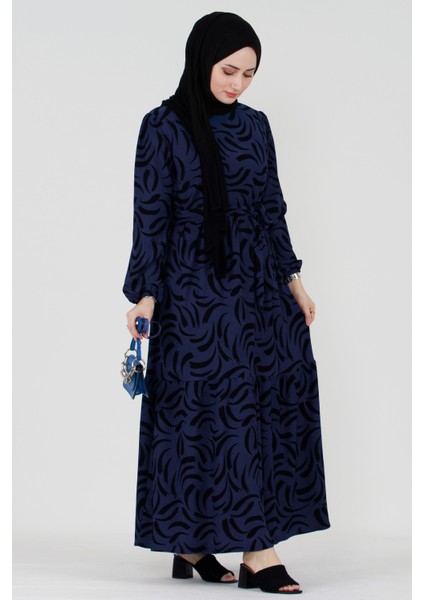Lale Beli Kuşaklı Tesettür Elbise-Saks Mavi modelleri