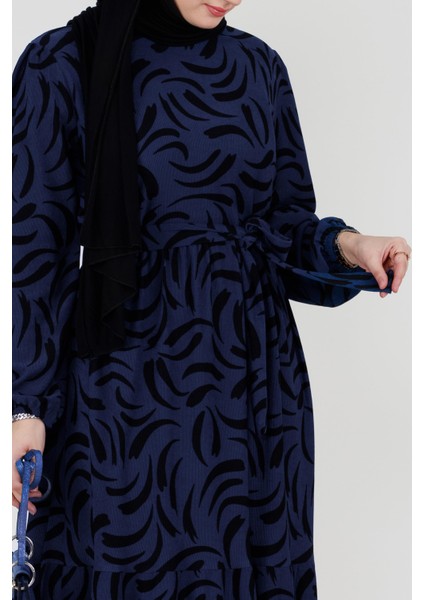 Lale Beli Kuşaklı Tesettür Elbise-Saks Mavi fırsatları