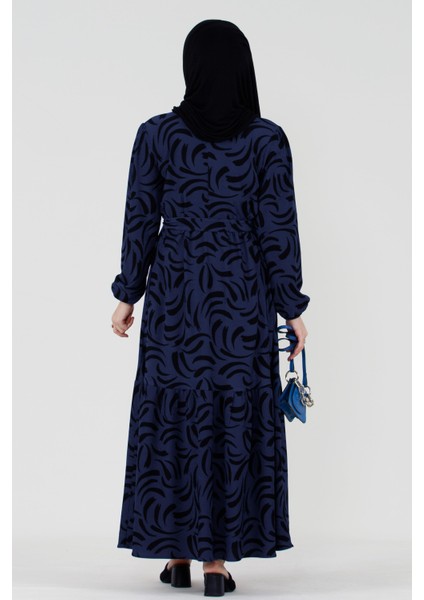 Lale Beli Kuşaklı Tesettür Elbise-Saks Mavi indirimleri