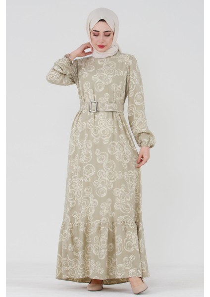 Kaplama Kemerli Viscon Tesettür Elbise-Bej fiyatları