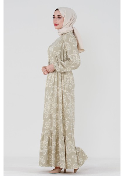 Kaplama Kemerli Viscon Tesettür Elbise-Bej modelleri