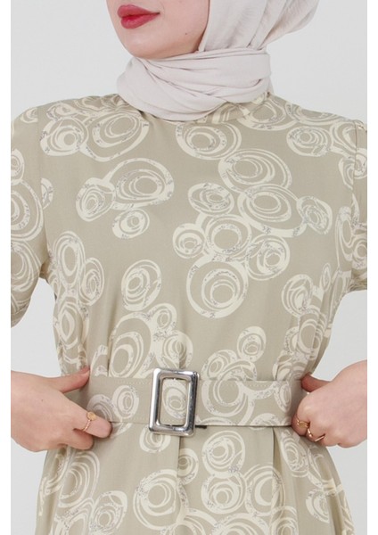 Kaplama Kemerli Viscon Tesettür Elbise-Bej fırsatları