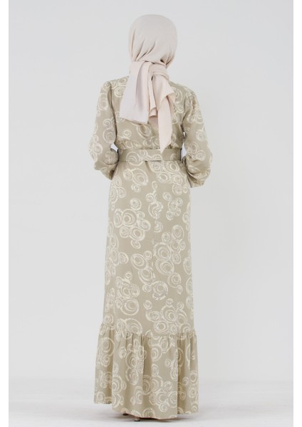 Kaplama Kemerli Viscon Tesettür Elbise-Bej indirimleri