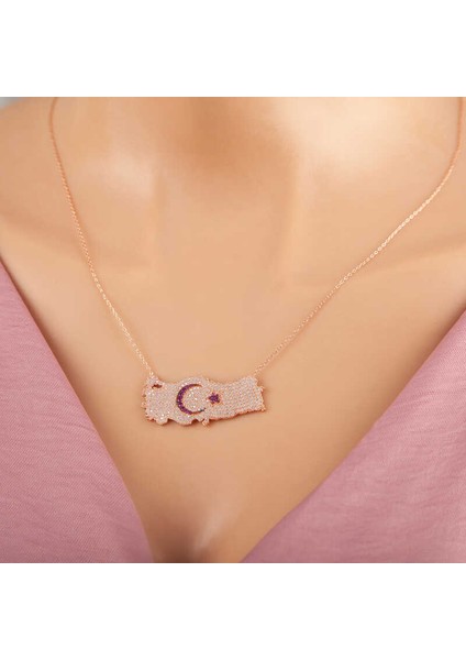 925 Ayar Gümüş Rose Ay Yıldız Türkiye Haritası Kadın Kolye