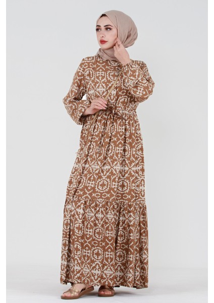 Etnik Desenli Beli Tünelli Viskon Elbise-Vizon fiyatları