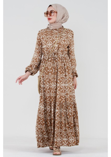 Etnik Desenli Beli Tünelli Viskon Elbise-Vizon modelleri