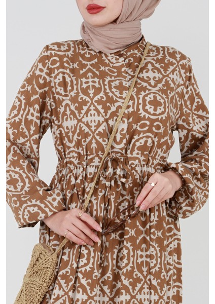 Etnik Desenli Beli Tünelli Viskon Elbise-Vizon fırsatları