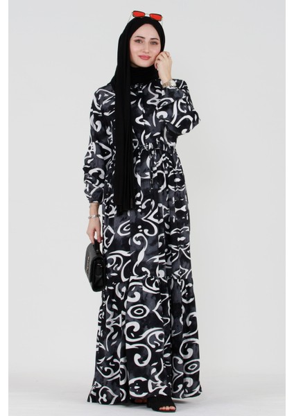 Dalga Desen Viskon Tesettür Elbise-Siyah