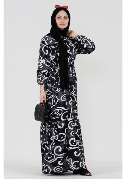 Dalga Desen Viskon Tesettür Elbise-Siyah fiyatları