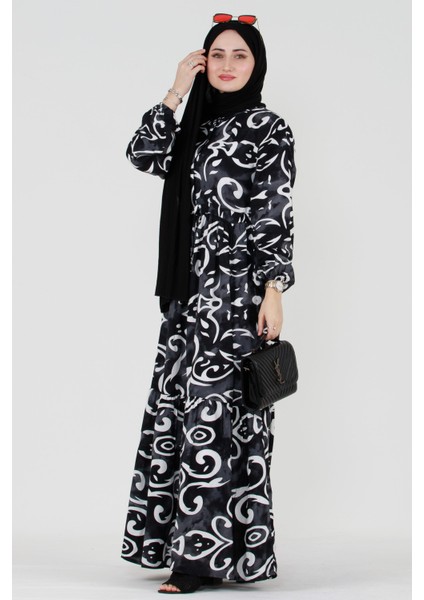 Dalga Desen Viskon Tesettür Elbise-Siyah modelleri