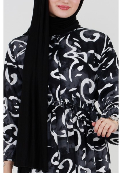Dalga Desen Viskon Tesettür Elbise-Siyah fırsatları