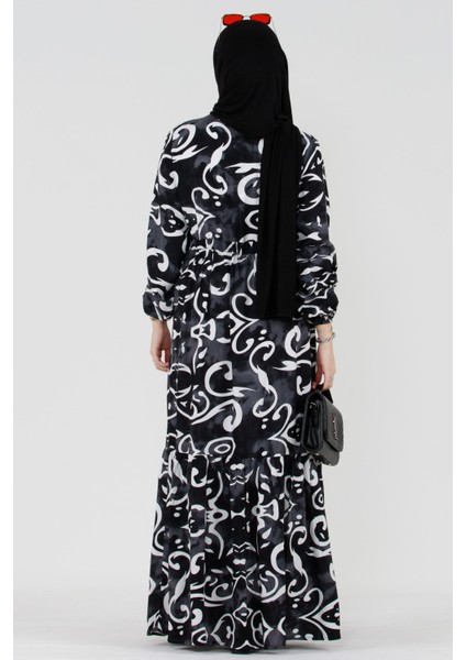 Dalga Desen Viskon Tesettür Elbise-Siyah indirimleri