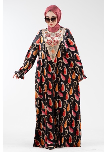 Yakası Işlemeli Şal Desen Kadife Elbise-Gülkurusu