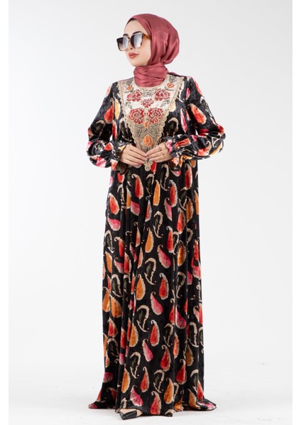 Yakası Işlemeli Şal Desen Kadife Elbise-Gülkurusu fiyatları