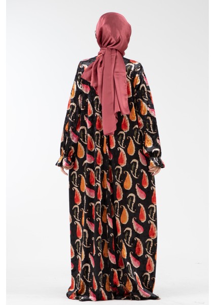 Yakası Işlemeli Şal Desen Kadife Elbise-Gülkurusu indirimleri