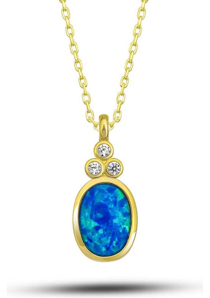 925 Ayar Gümüş Gold Mavi Opal Taşlı Ananas Kadın Kolye