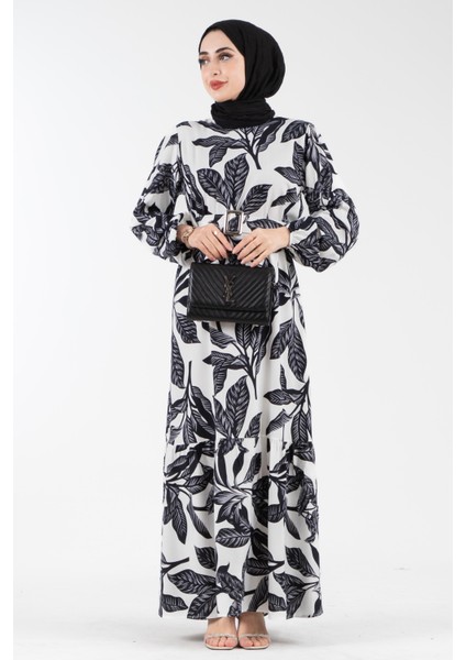 Desenli Kemerli Viscon Elbise-Siyah