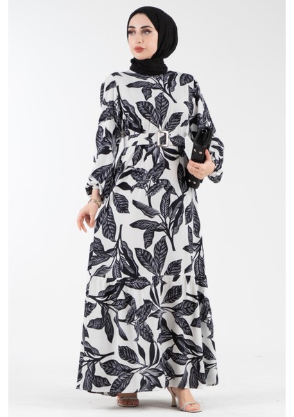 Desenli Kemerli Viscon Elbise-Siyah fiyatları