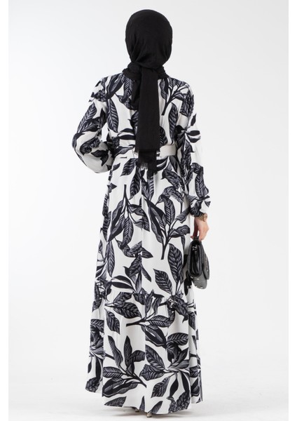 Desenli Kemerli Viscon Elbise-Siyah fırsatları